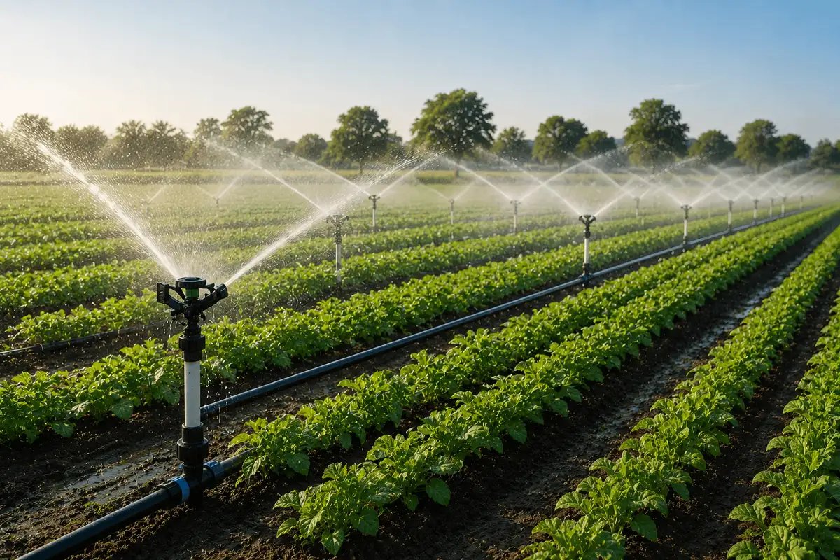 Automated sprinkler irrigation system providing uniform water distribution across agricultural fields for improved crop productivity.
